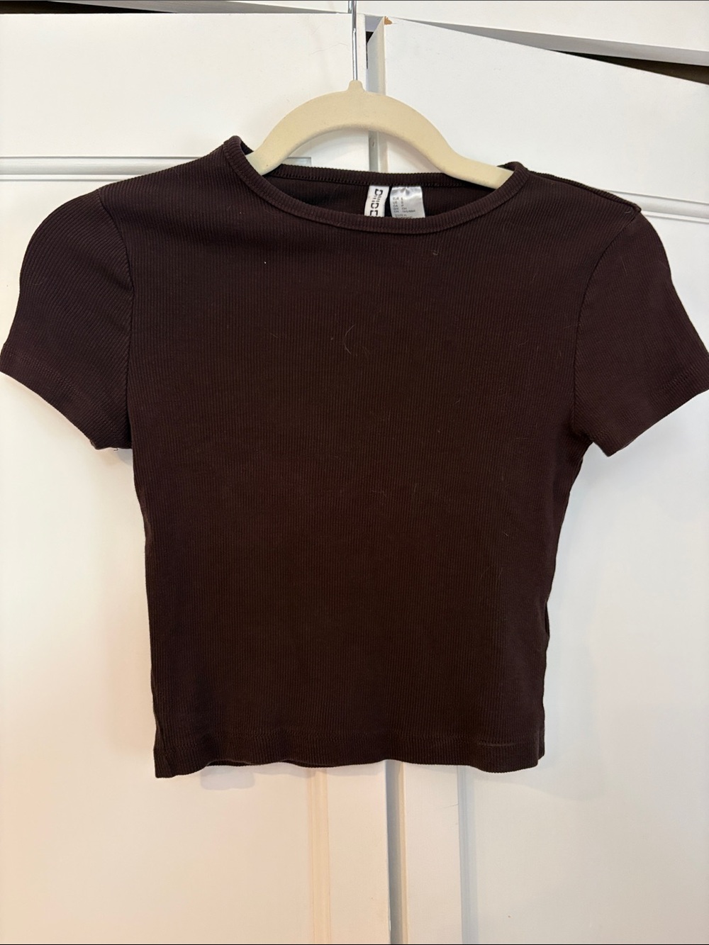 H&M Short Sleeve Baby Doll Ribbed Crop Top in Dark Brown